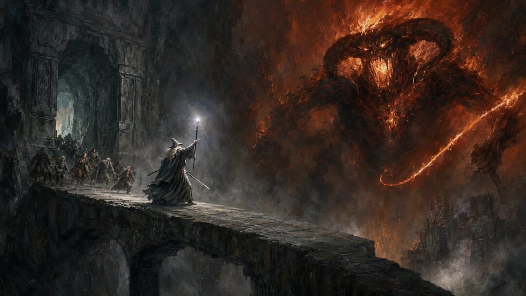 Gandalf the Grey standing alone on the Bridge of Khazad-dûm against a Balrog while the Fellowship escapes.