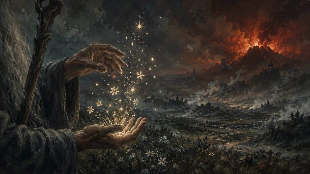 Gandalf shaping sparks into flowers and stars as distant destructive fire glows in the background.