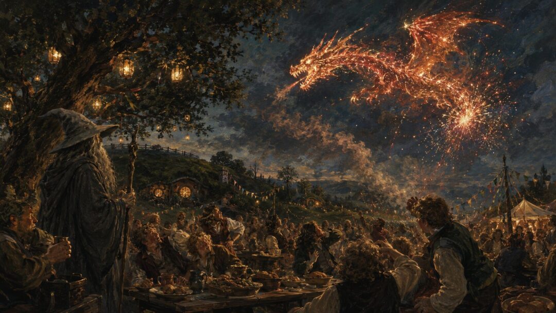 A dragon-shaped firework sweeps over Bilbo’s birthday party beneath the Party Tree.