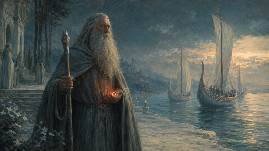 Gandalf arriving in the Shire with a cart of fireworks as hobbit children follow him at dusk.