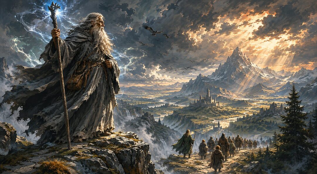 Gandalf standing on a mountain pass with immense restrained power symbolizing guidance rather than domination