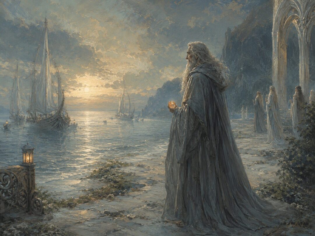 Gandalf at the Grey Havens with the Red Ring Narya faintly glowing on his hand.