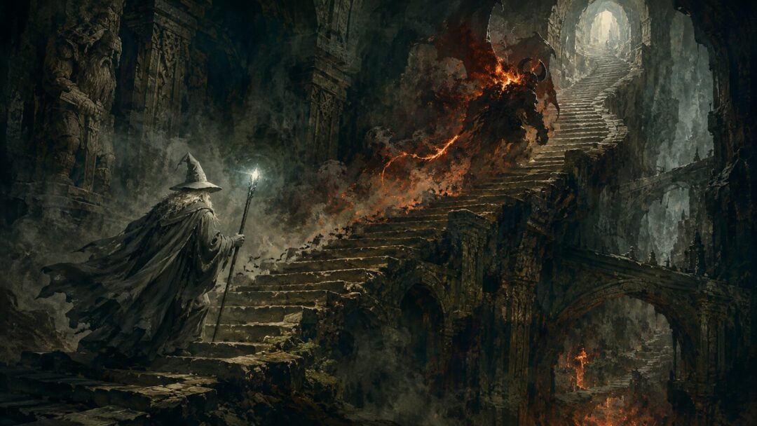 Gandalf pursuing the Balrog through hidden tunnels and up the Endless Stair beneath the Misty Mountains.