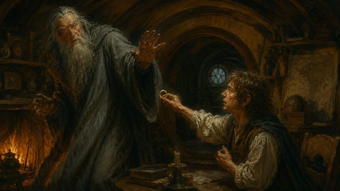 Grey-cloaked wizard refusing a golden ring inside a warm hobbit-hole
