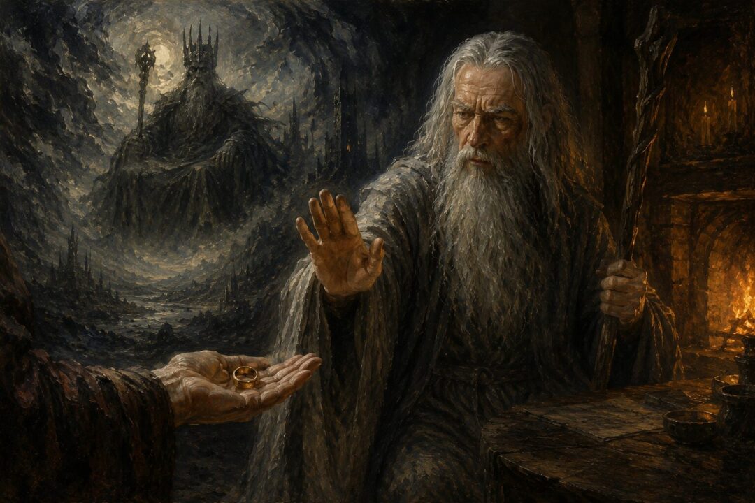 Gandalf gravely refuses the One Ring while a shadowy vision of tyrannical power rises behind him.