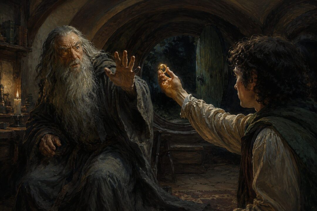Gandalf recoils from the One Ring in Bag End as Frodo offers it to him