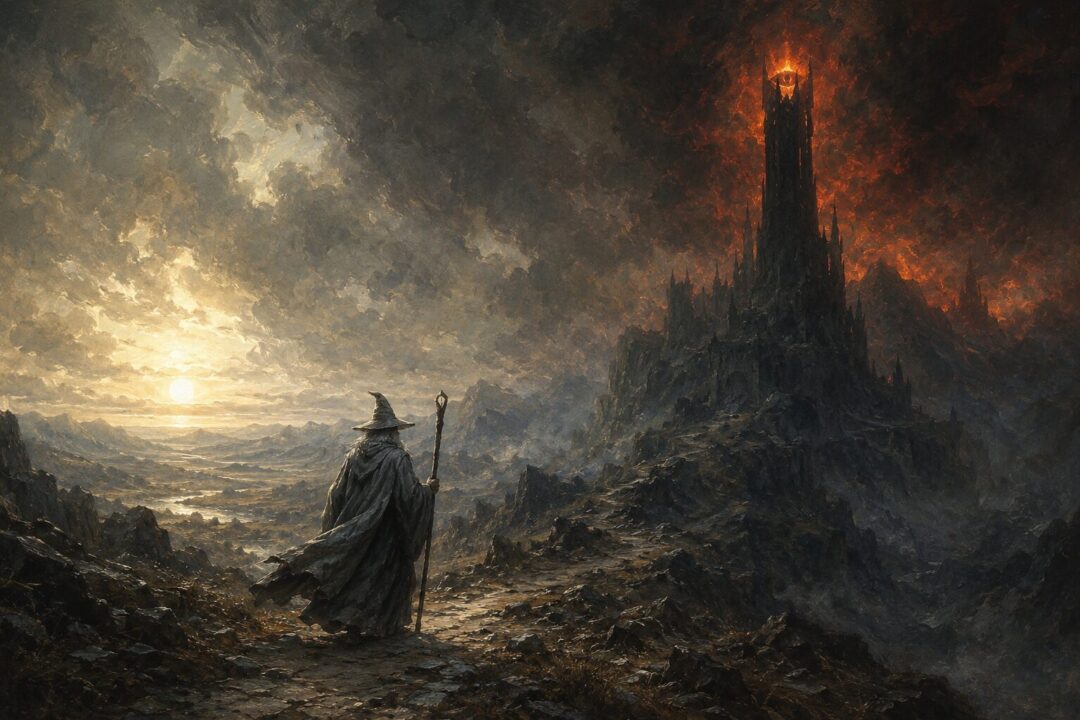 A humble wizard walks through wild country while Sauron’s distant tower looms under storm clouds.