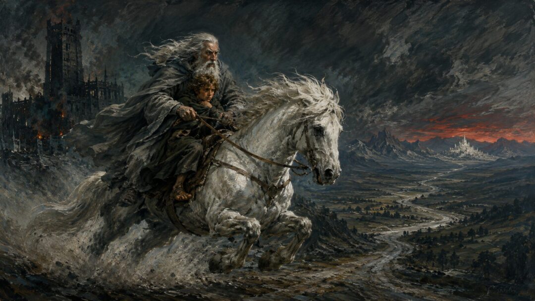 Gandalf rides through the night with a shaken Pippin after the dangerous encounter with the palantir.