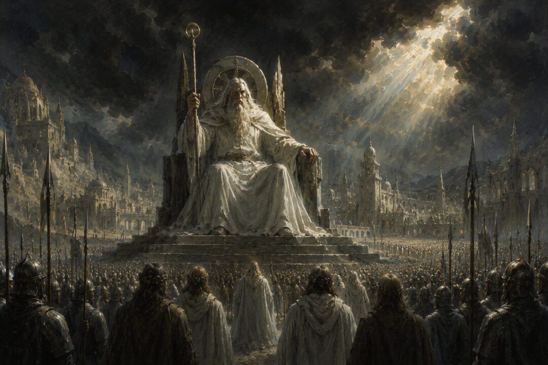 Gandalf studying ancient records and reflecting on the long history of corruption in Middle-earth
