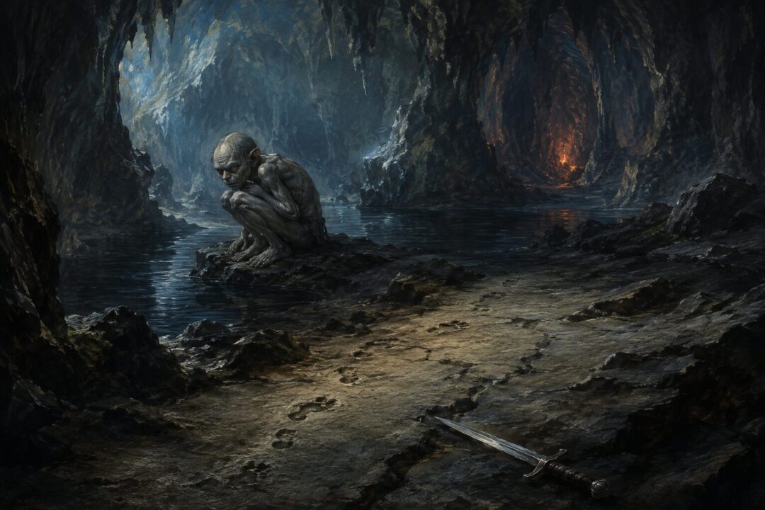 Gandalf speaks gravely to Frodo in Bag End beside the One Ring, sensing Gollum may still affect the Ring’s fate.