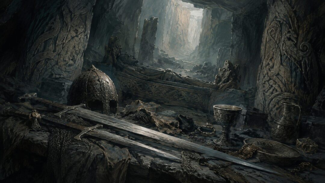 Gandalf stands on a hill above the Shire at dusk, watching hobbit homes with quiet protective concern.