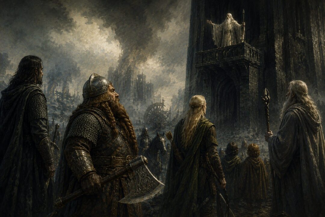 Gimli stands defiantly below Orthanc as Saruman tries to charm the company with his voice.