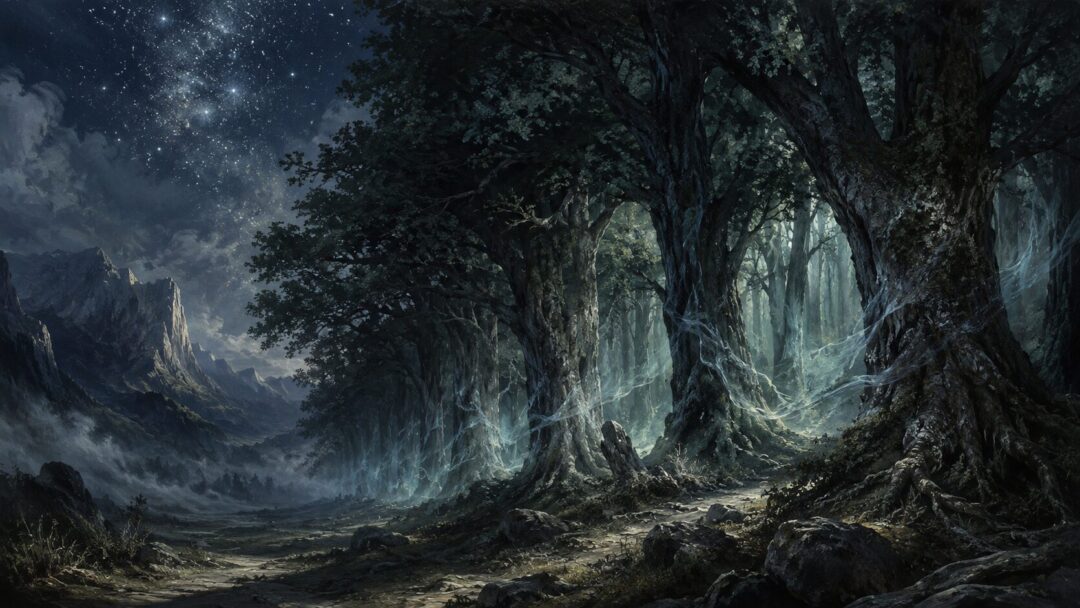 The enchanted forest border of Doriath under starlight with a faint silver veil among ancient trees.