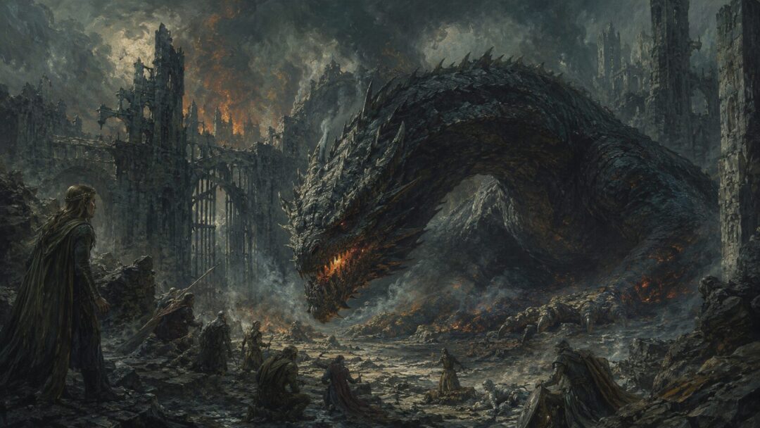 Glaurung the wingless dragon stands before the ruined gates of Nargothrond in smoke and fire.