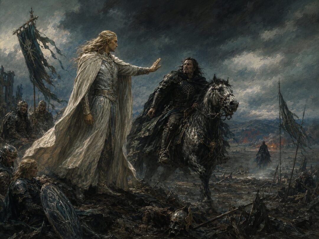 Glorfindel restrains Eärnur after Angmar’s defeat as the Witch-king flees into the northern darkness.