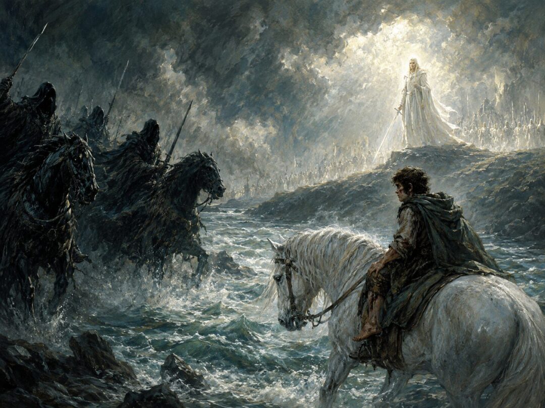 Frodo glimpsing Glorfindel as a radiant figure against the darkness of the Ringwraiths.