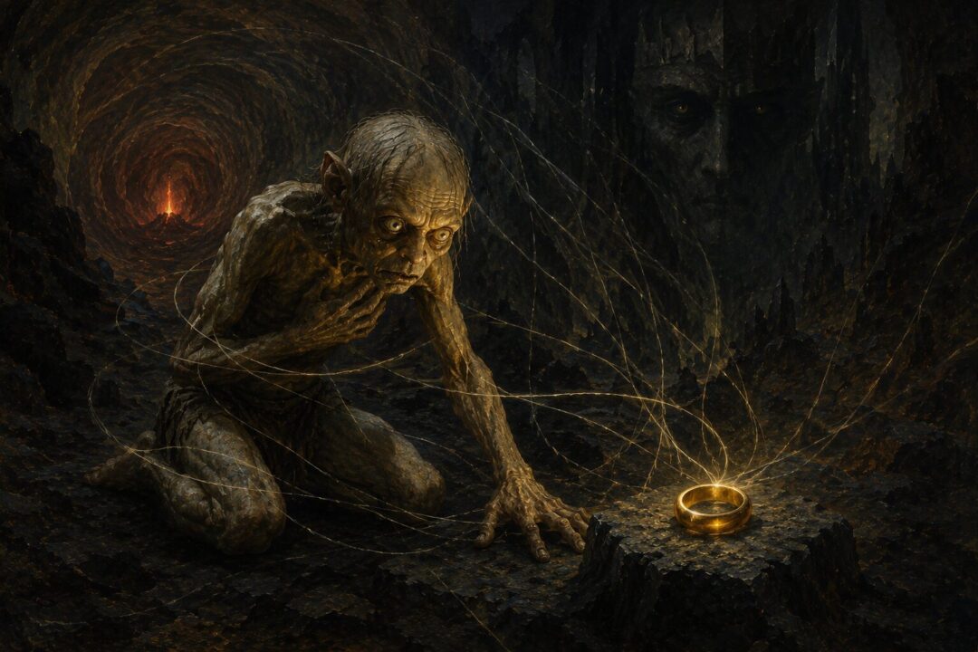 Gollum falling into the Crack of Doom while holding the One Ring