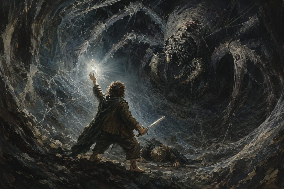 Gollum leading two weary hobbit-like travelers toward Shelob’s web-covered tunnel above Minas Morgul.