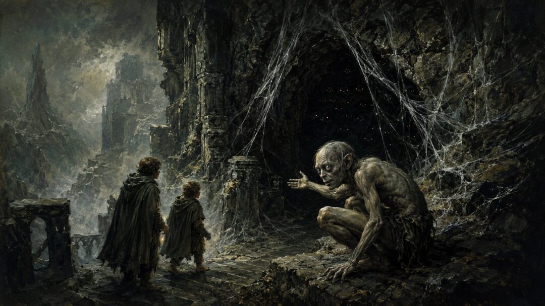 A fearful Gollum-like figure leads two small travelers toward the webbed entrance of Shelob’s tunnel.