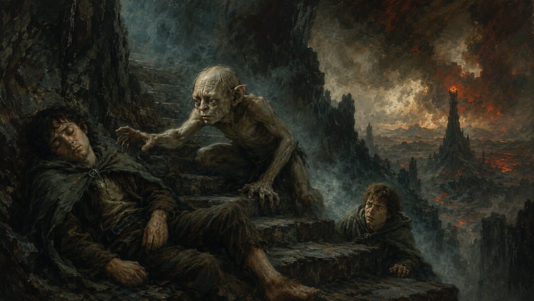 Gollum reaches toward sleeping Frodo on the stairs of Cirith Ungol as Sam wakes nearby.