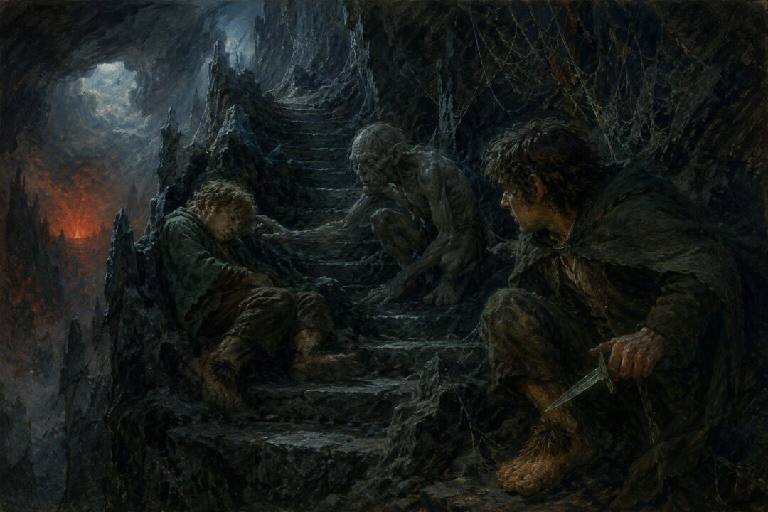 Gollum crouches near a sleeping Frodo on the stairs of Cirith Ungol during a fragile moment of possible repentance.