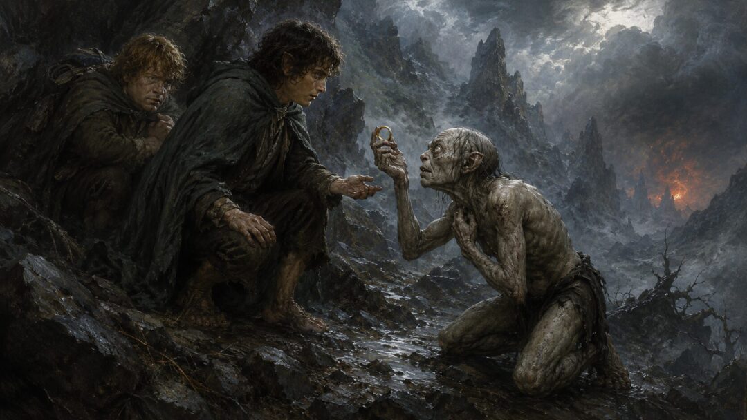 Gollum swearing by the Precious before Frodo in the rocky mist of the Emyn Muil while Sam watches warily.