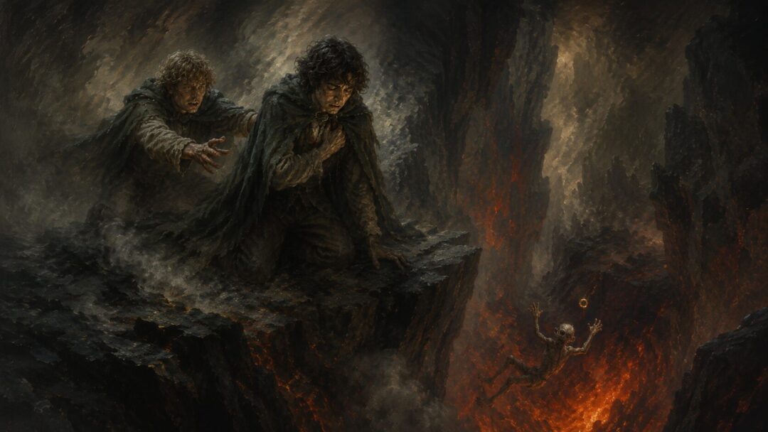 Gollum falls with the Ring into the Crack of Doom as Frodo and Sam react above.