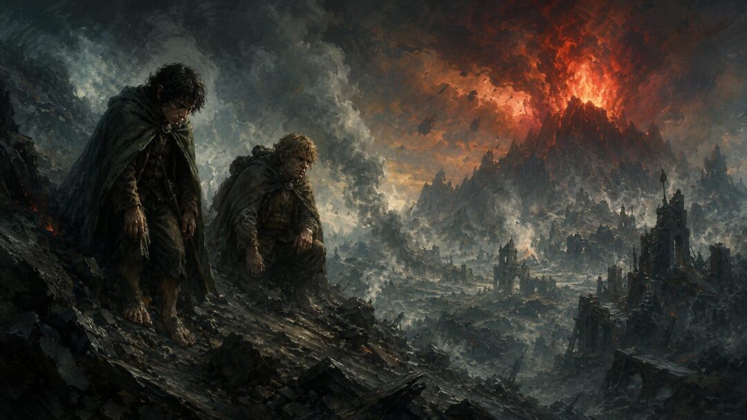 Gollum holding the Ring in triumph on the brink of the fiery chasm inside Mount Doom.