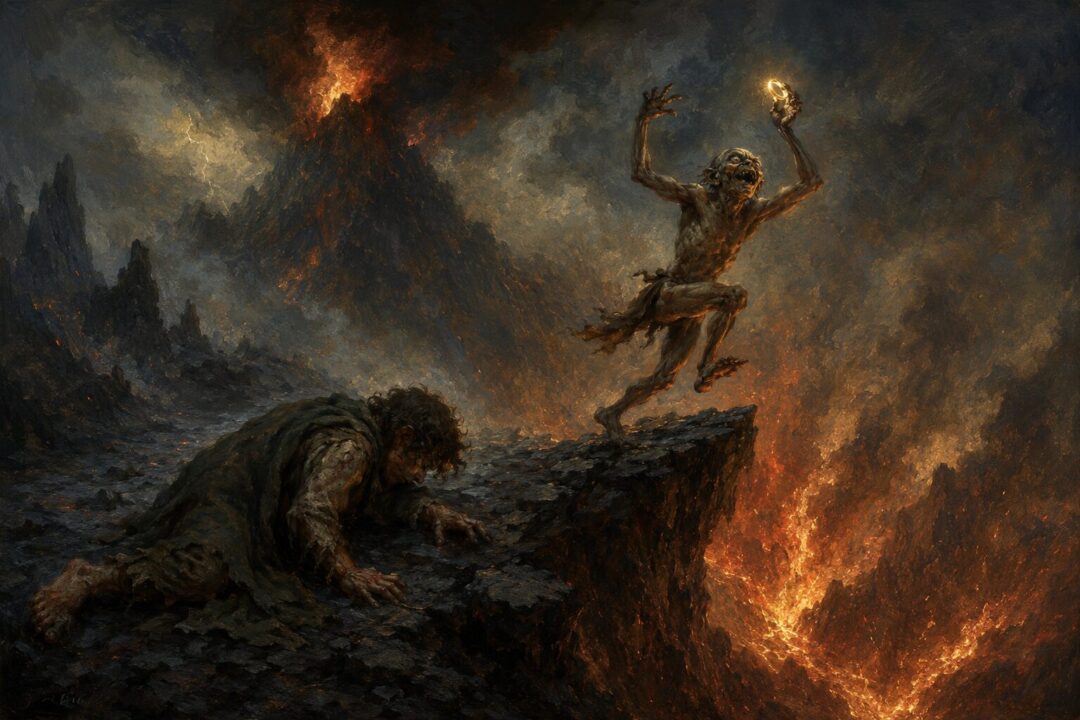 Gollum clutches the One Ring at the edge of the fiery Crack of Doom as Frodo collapses nearby.