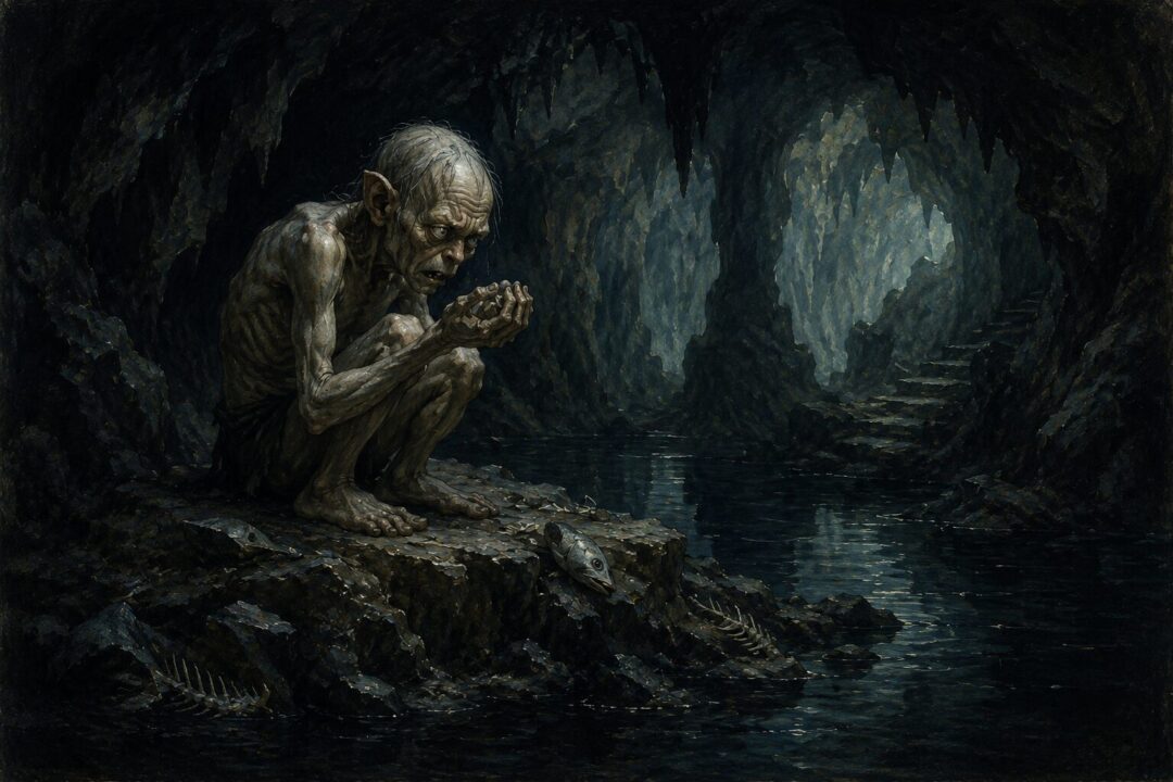 Gollum alone in his underground refuge after losing the One Ring