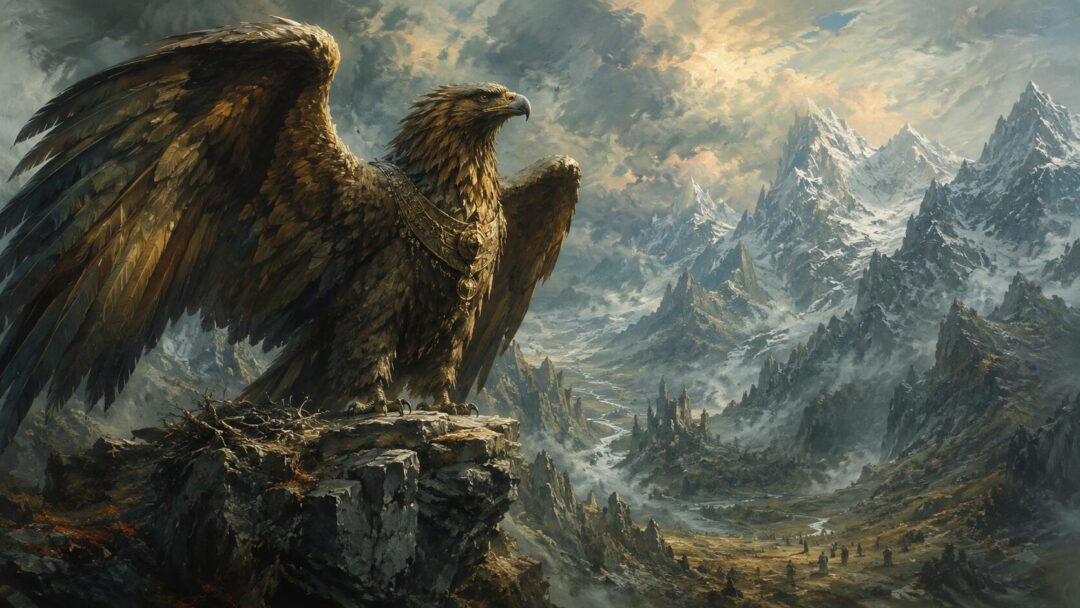 A majestic Great Eagle lord stands on a mountain eyrie above the Misty Mountains.