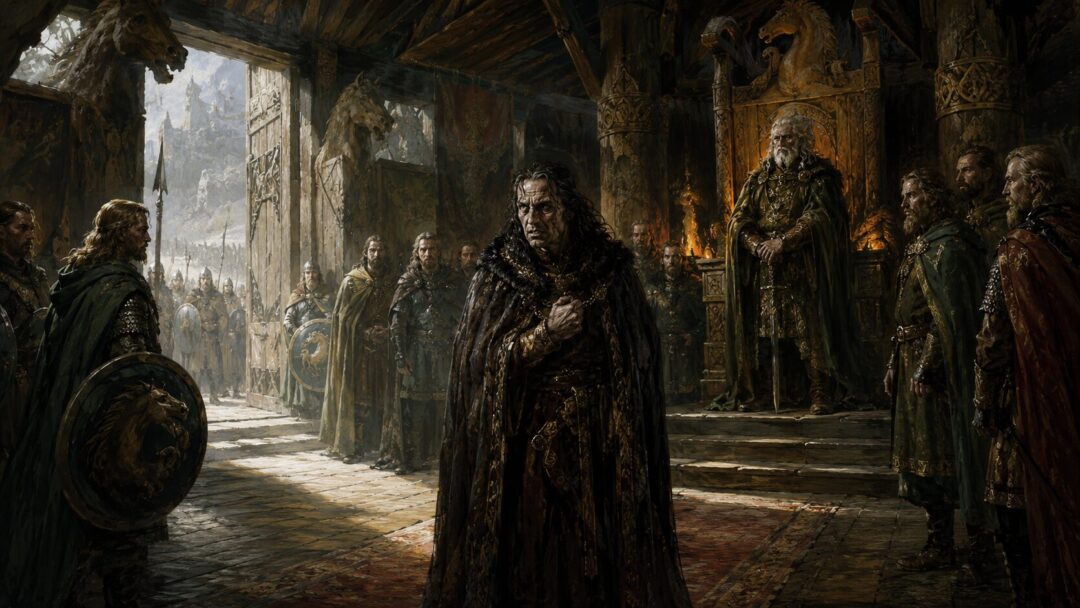 Gríma Wormtongue stands exposed before Théoden and the warriors of Rohan in Meduseld