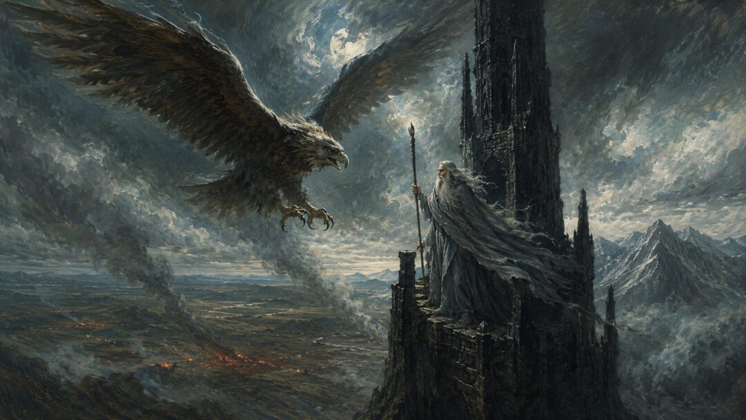 Gwaihir the Windlord descends toward a grey wizard trapped on the pinnacle of a dark tower.