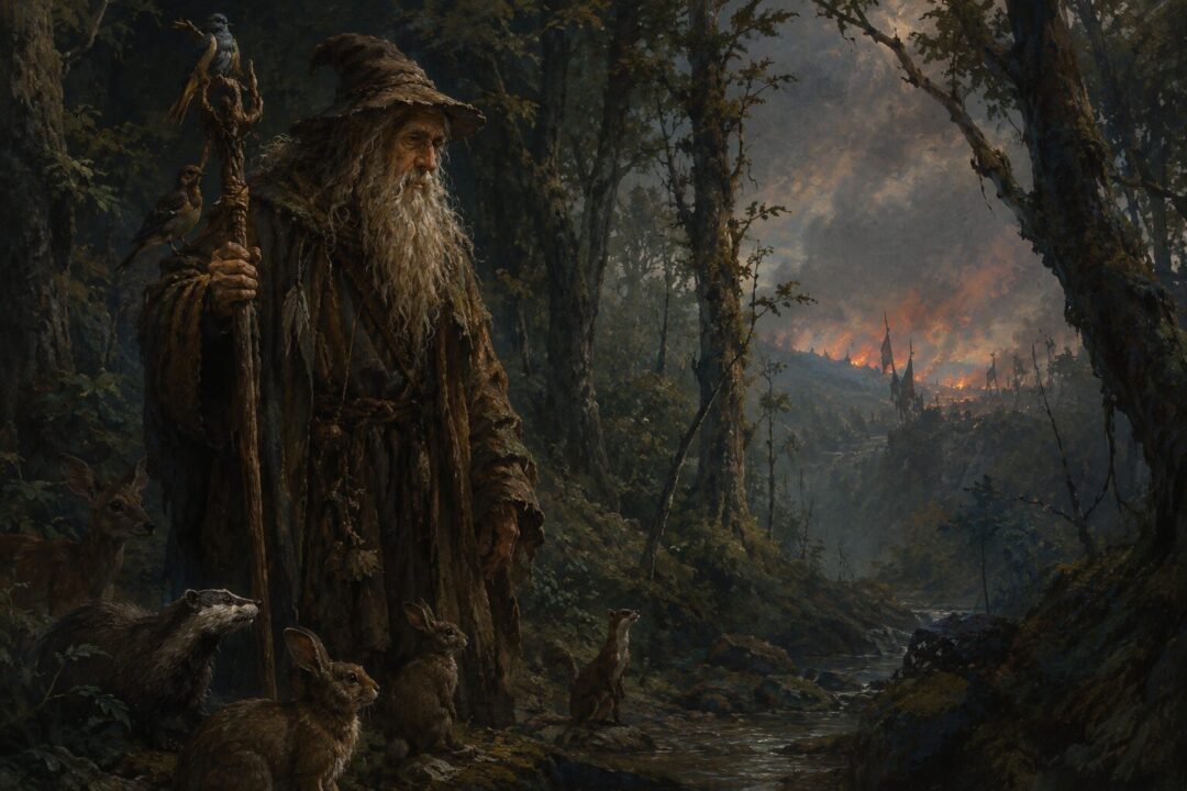 Gwaihir the Eagle arrives at the summit of Orthanc and finds Gandalf imprisoned high above Isengard.