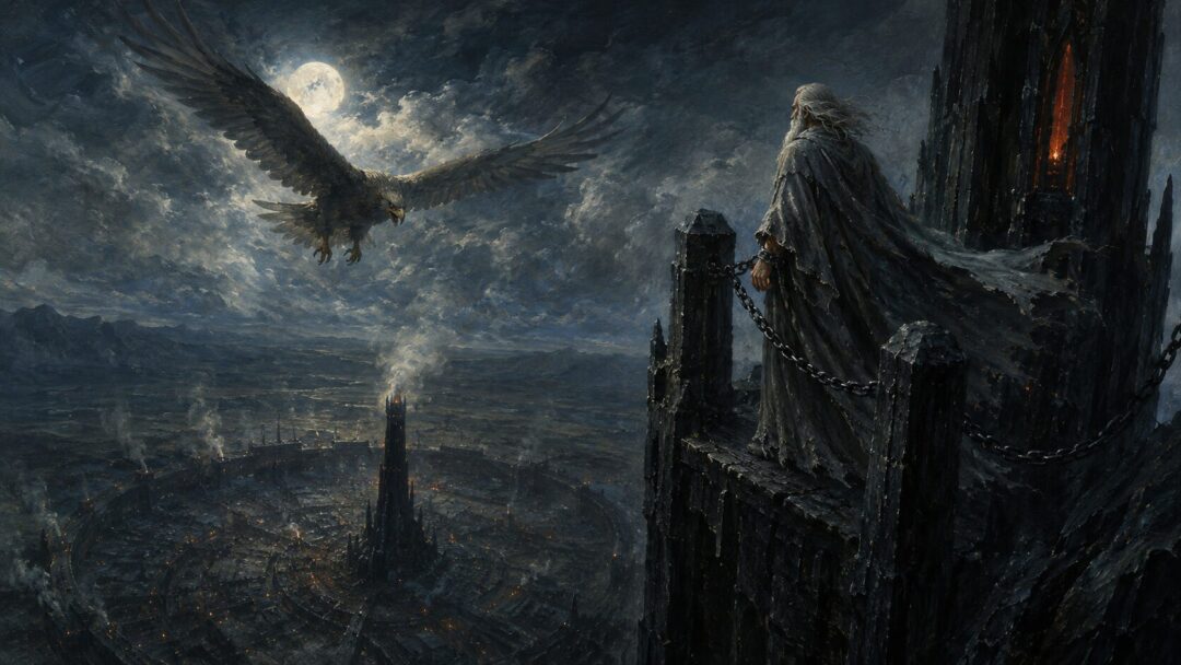 Gandalf stands imprisoned on the pinnacle of Orthanc as a great Eagle approaches through moonlit clouds.