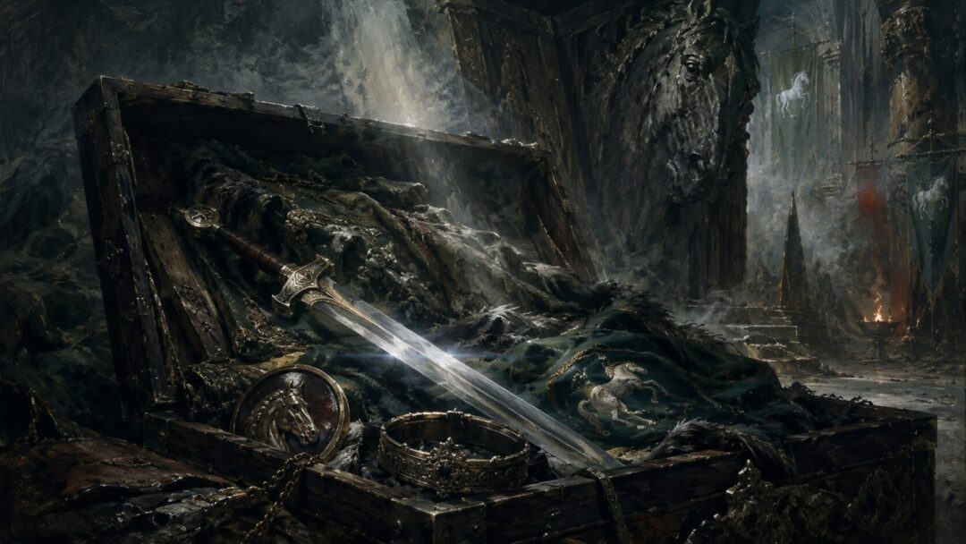 The sword Herugrim hidden in a wooden chest as a symbol of Théoden’s lost authority