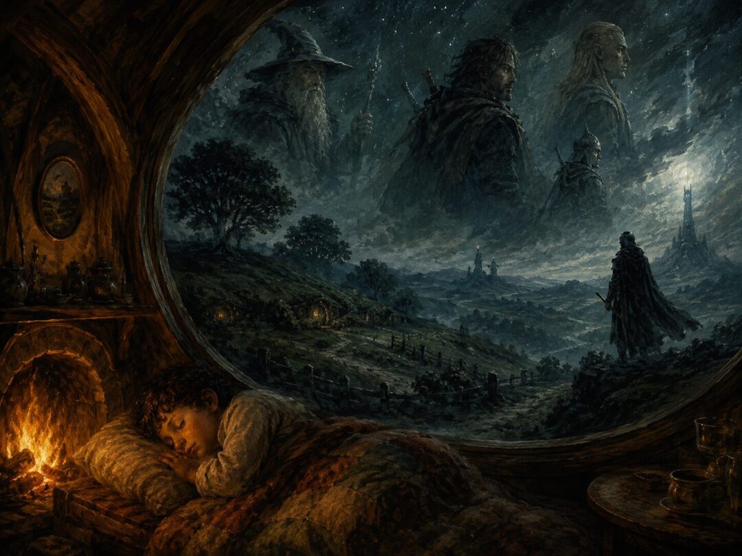 A sleeping hobbit child rests by the hearth while distant guardians watch over the Shire beneath the stars.