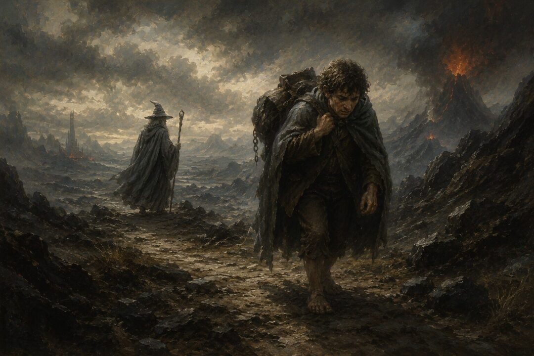 A small hobbit carries a heavy burden along a bleak road while a grey wizard guides from behind.