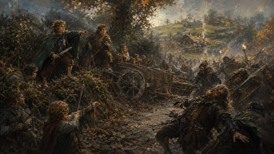 Hobbits defend the Shire during the Battle of Bywater using wagons, hedges, bows, and farm tools.