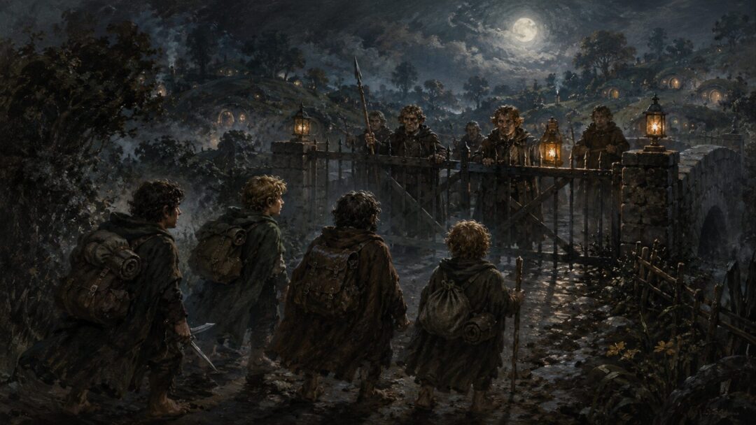Four travel-worn hobbits return to the Shire and find the Brandywine Bridge barred under moonlight.