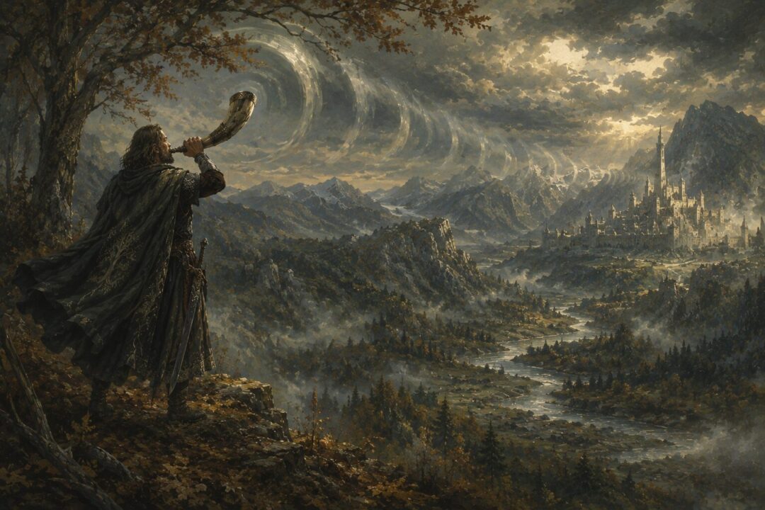 Symbolic echoes of the Horn of Gondor carrying across distant landscapes toward Gondor