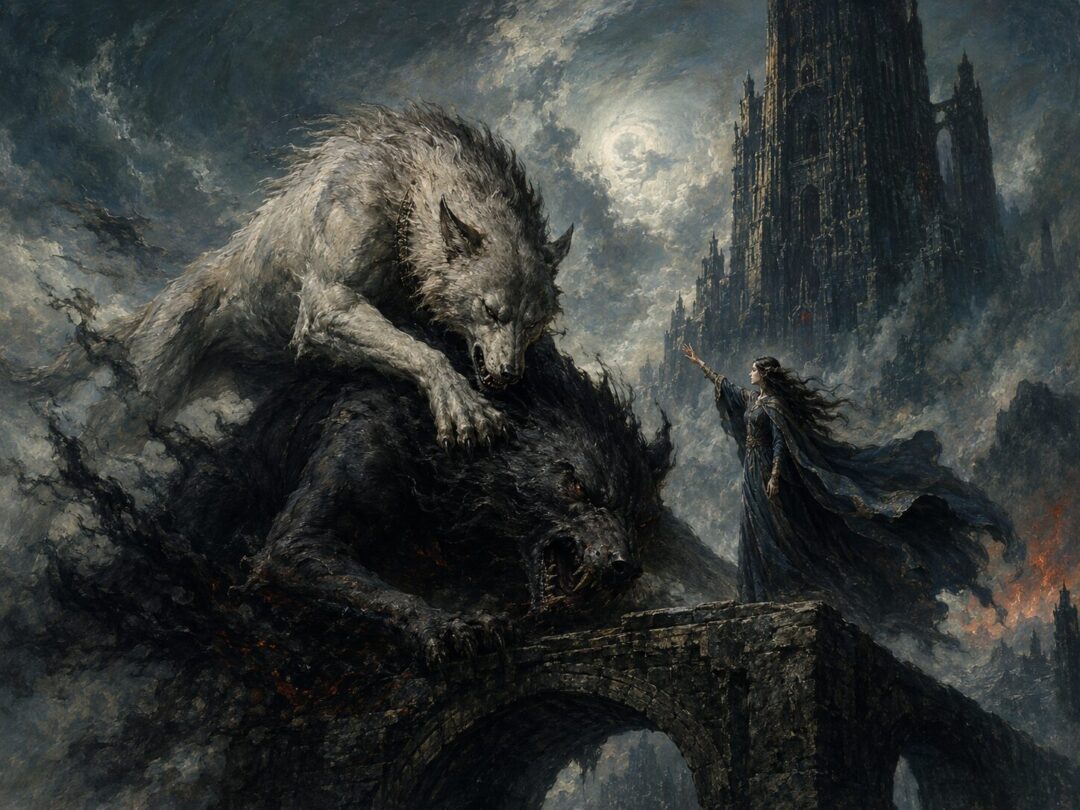 Huan overcomes Sauron in wolf-form while Lúthien stands nearby before the tower of Tol-in-Gaurhoth.