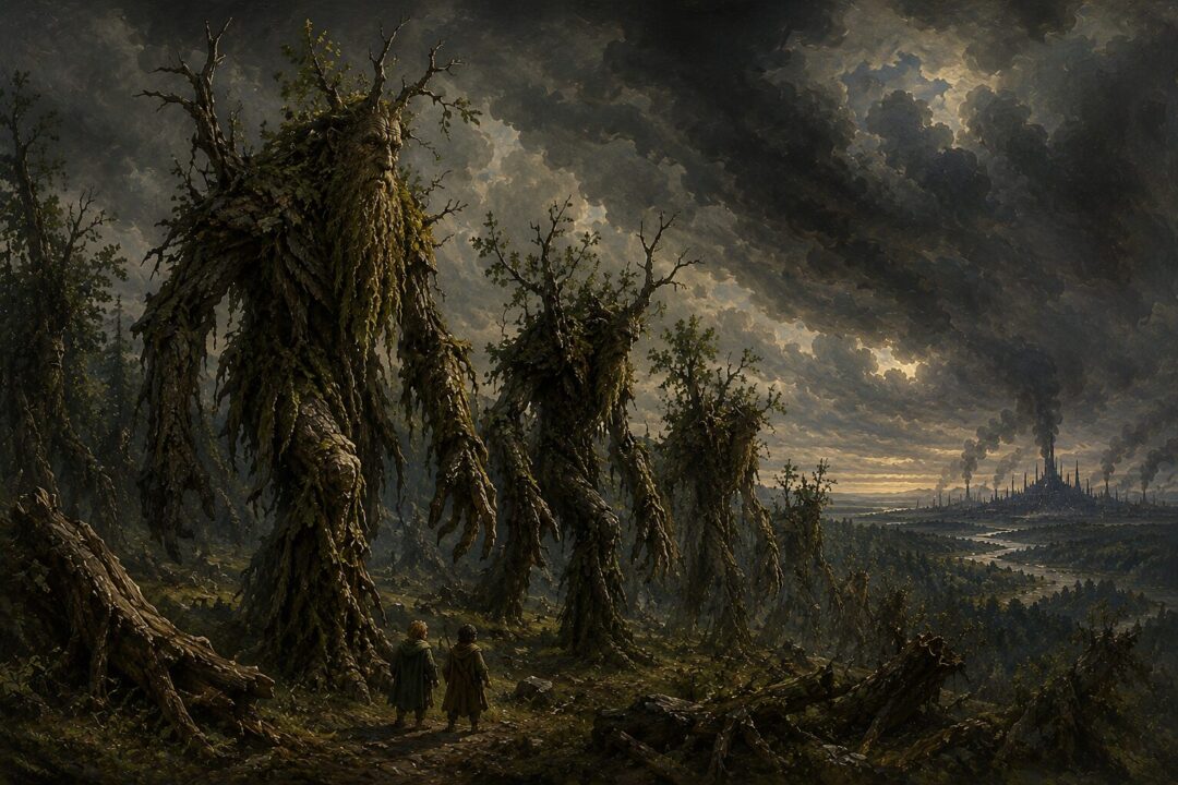 Floodwaters cover the ruined furnaces of Isengard as green life returns at the edges.