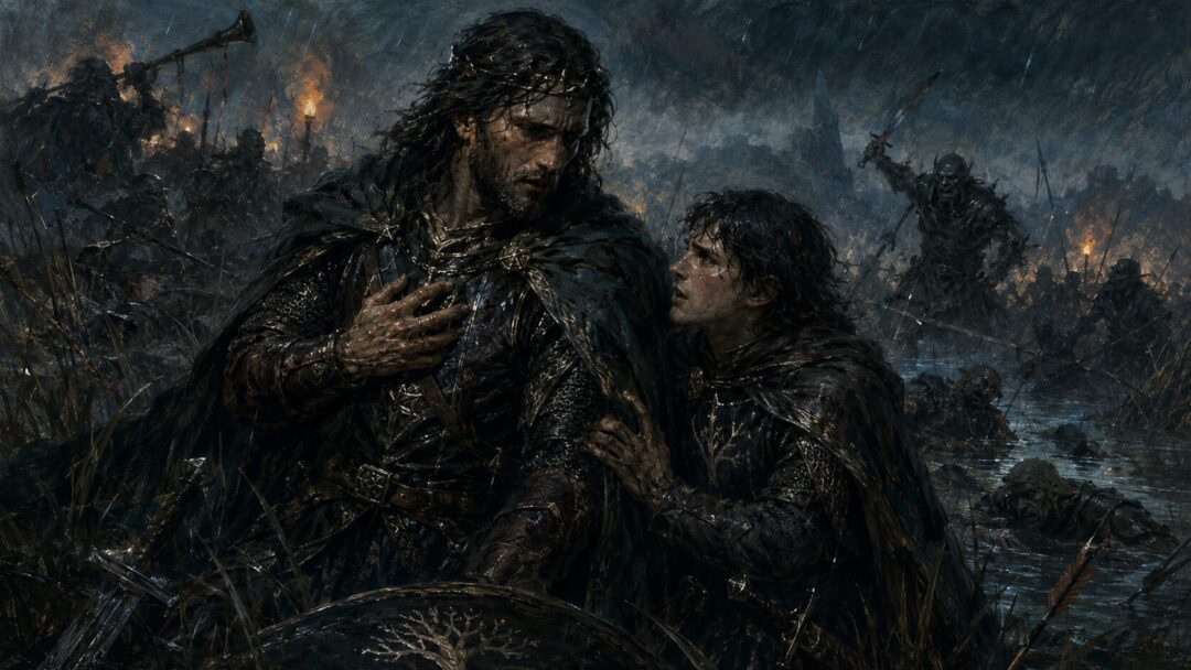 Isildur and Elendur stand amid the night battle of the Gladden Fields as doom closes around them.
