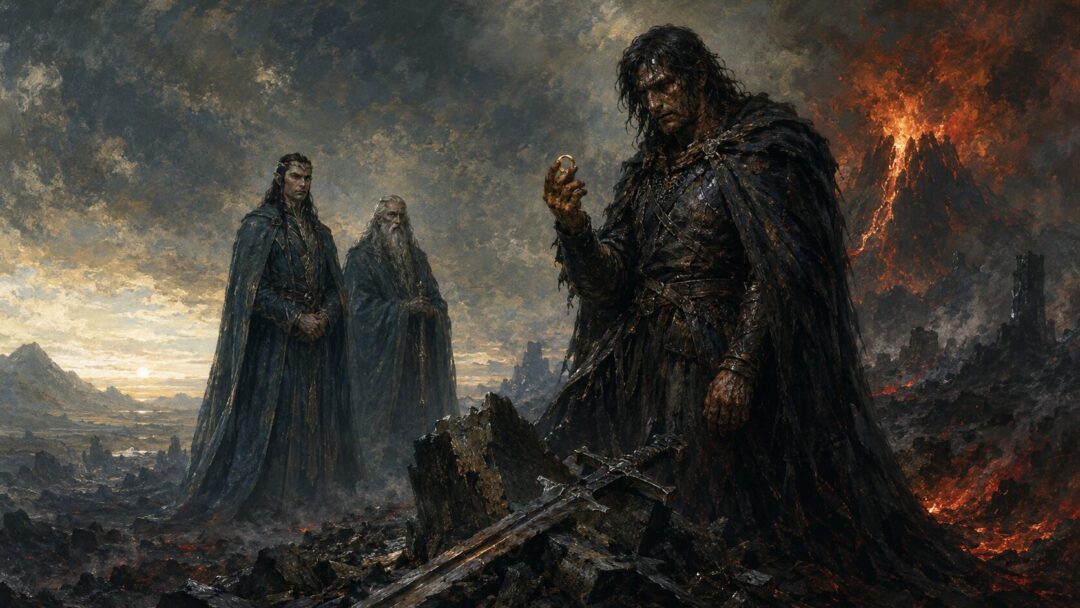 Isildur holds the One Ring on the slopes of Orodruin while Elrond and Círdan watch in grave counsel.