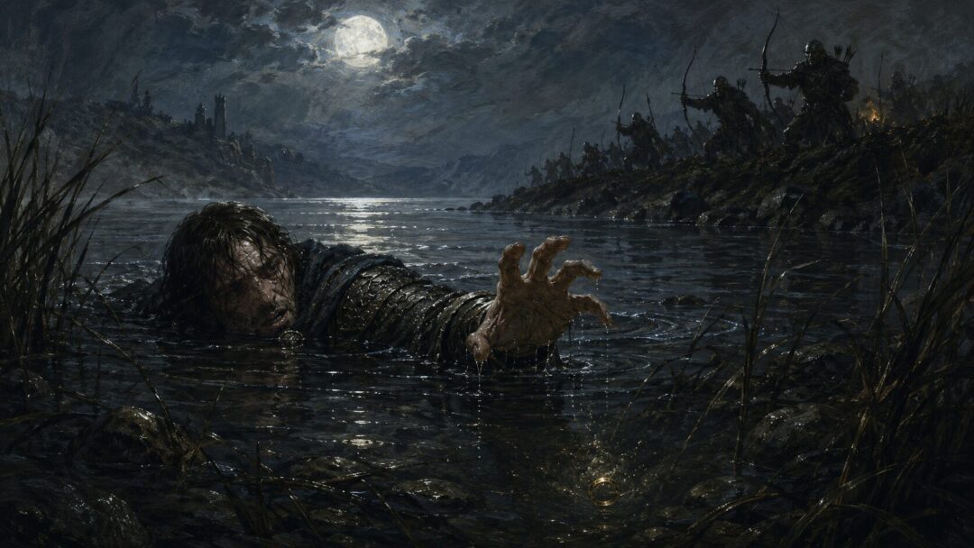 The One Ring slips from Isildur’s finger into the dark waters of the Anduin.