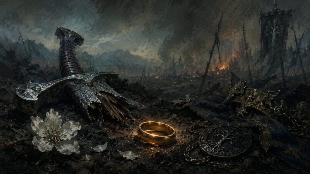 The One Ring rests beside broken royal tokens and a white tree blossom as a symbol of Isildur’s blood-price claim.
