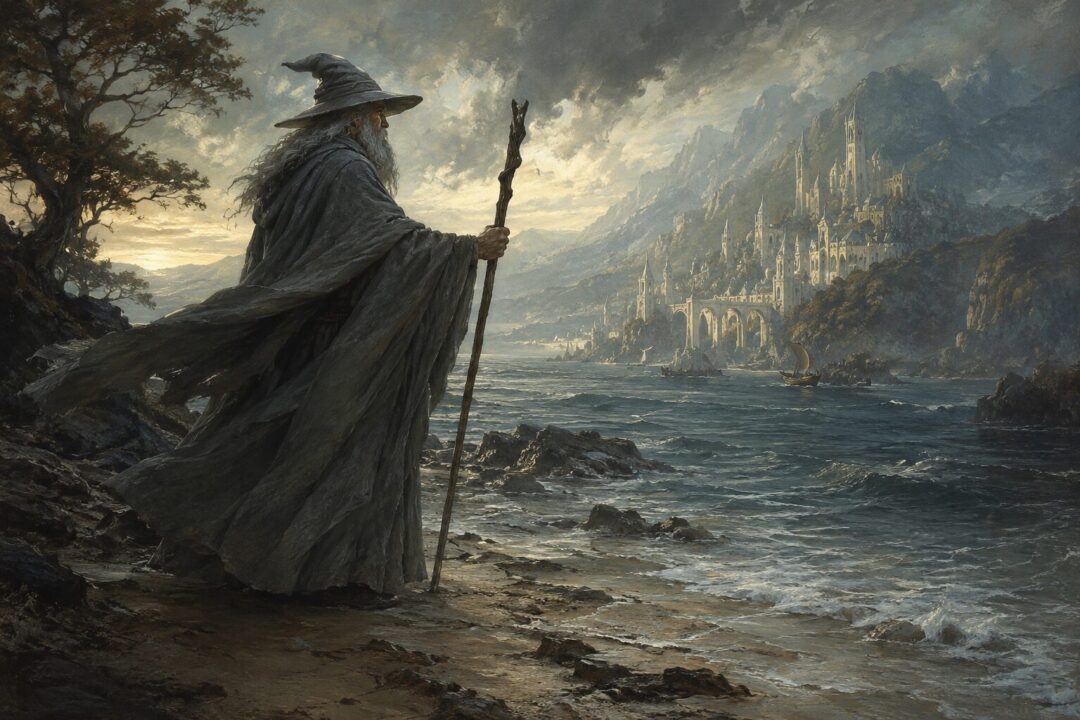A grey-robed wizard arrives quietly on the western shore of Middle-earth as a humble wanderer.
