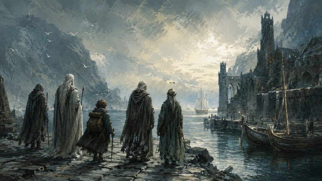 Five humble cloaked figures arrive at a misty harbor, suggesting the restrained aid of the West in the Third Age.