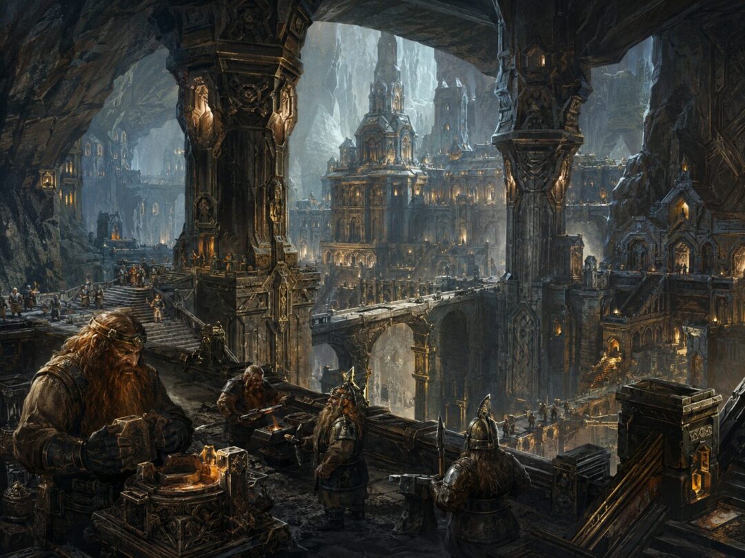 Khazad-dûm in its glory as a vast living Dwarven kingdom of carved halls, pillars, bridges, and warm lamplight.